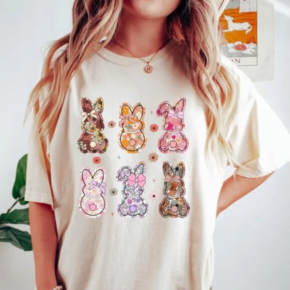 Tops - Floral Bunny Tee, Easter Bunny T-shirt, Flower Bunny Shirt Gift
